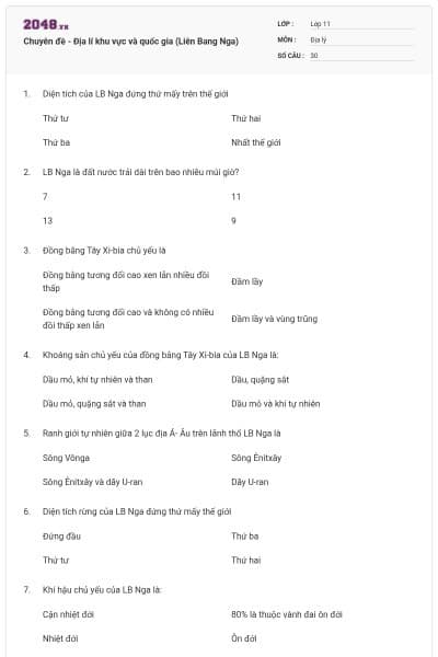 Chuyên đề - Địa lí khu vực và quốc gia (Liên Bang Nga)