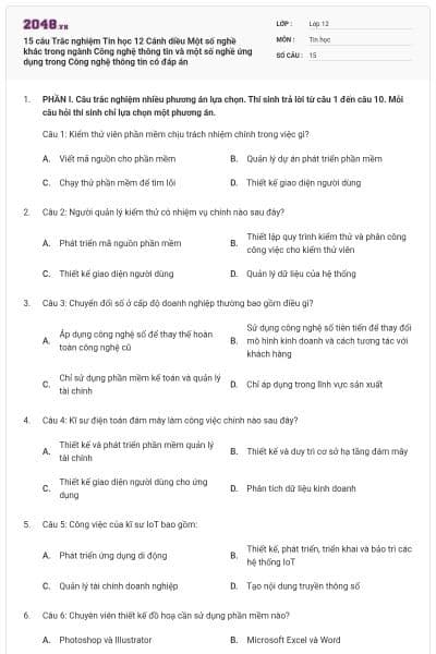 15 câu Trắc nghiệm Tin học 12 Cánh diều Một số nghề khác trong ngành Công nghệ thông tin và một số nghề ứng dụng trong Công nghệ thông tin có đáp án