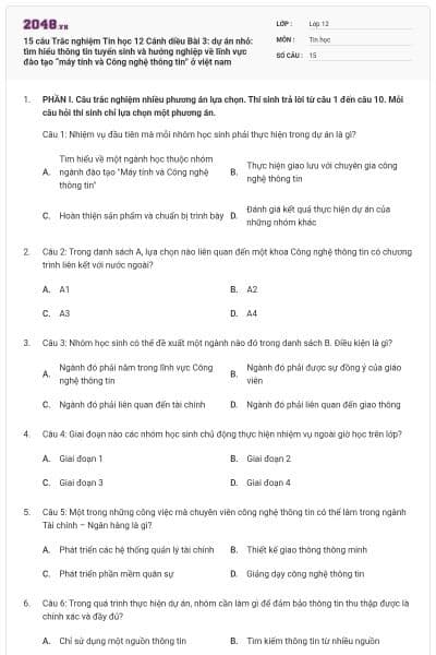 15 câu Trắc nghiệm Tin học 12 Cánh diều Bài 3: dự án nhỏ: tìm hiểu thông tin tuyển sinh và hướng nghiệp về lĩnh vực đào tạo “máy tính và Công nghệ thông tin” ở việt nam
