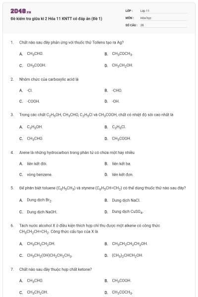Đề kiểm tra giữa kì 2 Hóa 11 KNTT có đáp án (Đề 1)