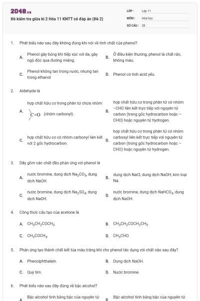 Đề kiểm tra giữa kì 2 Hóa 11 KNTT có đáp án (Đề 2)