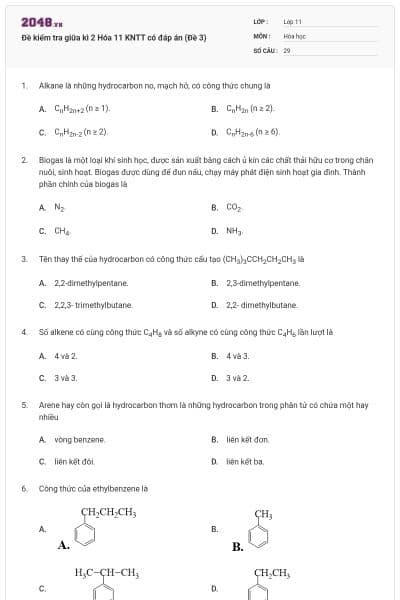 Đề kiểm tra giữa kì 2 Hóa 11 KNTT có đáp án (Đề 3)