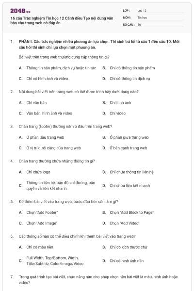 16 câu Trắc nghiệm Tin học 12 Cánh diều Tạo nội dung văn bản cho trang web có đáp án