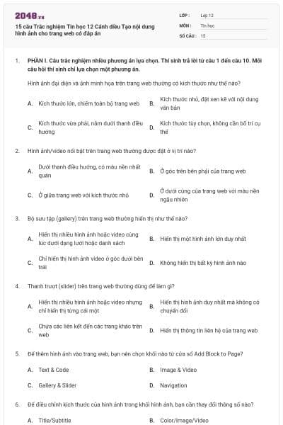 15 câu Trắc nghiệm Tin học 12 Cánh diều Tạo nội dung hình ảnh cho trang web có đáp án