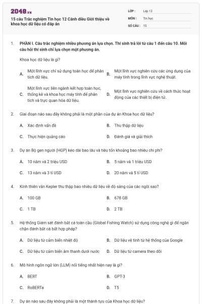 15 câu Trắc nghiệm Tin học 12 Cánh diều Giới thiệu về khoa học dữ liệu có đáp án