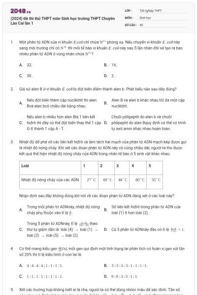 (2024) Đề thi thử THPT môn Sinh học trường THPT Chuyên Lào Cai lần 1