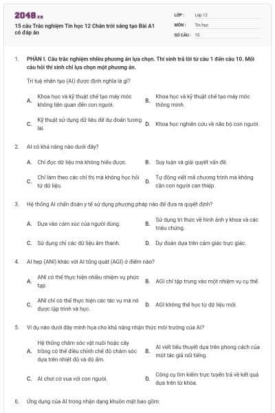 15 câu Trắc nghiệm Tin học 12 Chân trời sáng tạo Bài A1 có đáp án