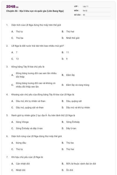 Chuyên đề - Địa lí khu vực và quốc gia (Liên Bang Nga)