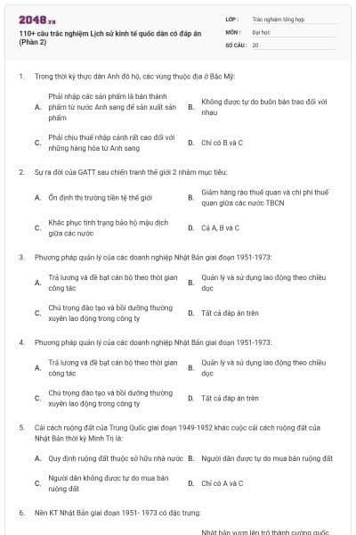 110+ câu trắc nghiệm Lịch sử kinh tế quốc dân có đáp án (Phần 2)
