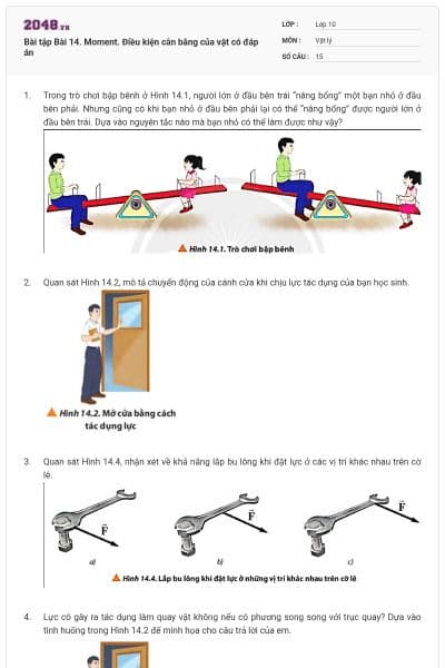 Bài tập Bài 14. Moment. Điều kiện cân bằng của vật có đáp án