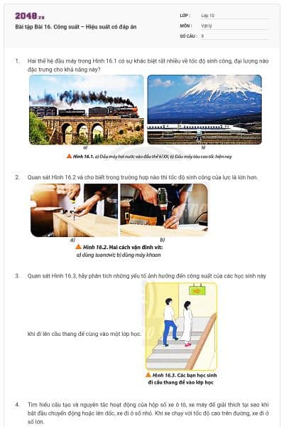 Bài tập Bài 16. Công suất – Hiệu suất có đáp án