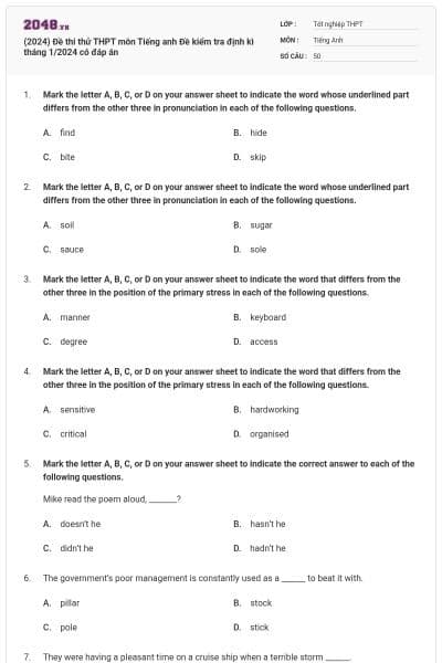 (2024) Đề thi thử THPT môn Tiếng anh Đề kiểm tra định kì tháng 1/2024 có đáp án