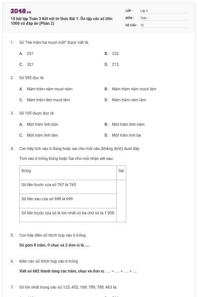 10 bài tập Toán 3 Kết nối tri thức Bài 1: Ôn tập các số đến 1000 có đáp án (Phần 2)