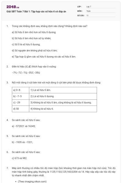 Giải SBT Toán 7 Bài 1: Tập hợp các số hữu tỉ có đáp án