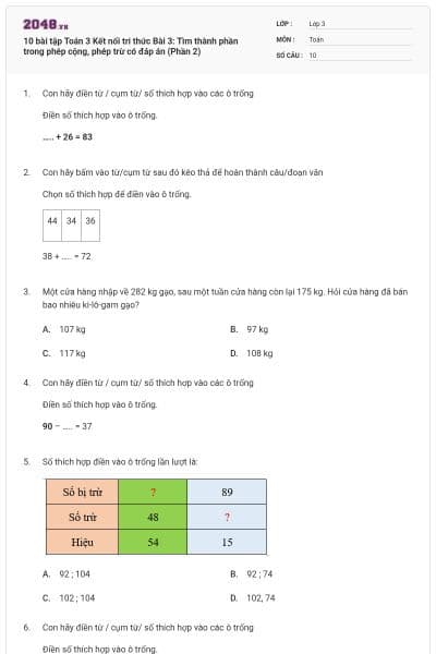 10 bài tập Toán 3 Kết nối tri thức Bài 3: Tìm thành phần trong phép cộng, phép trừ có đáp án (Phần 2)
