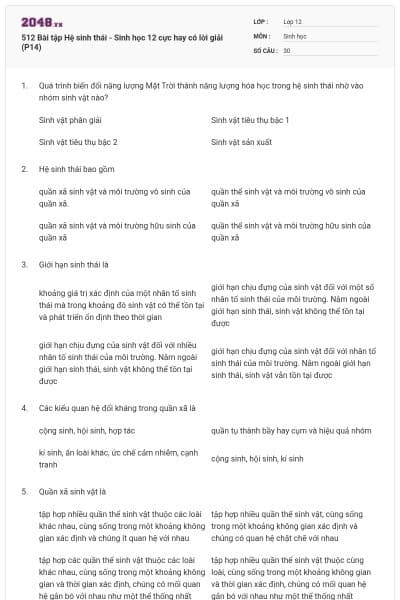 512 Bài tập Hệ sinh thái - Sinh học 12 cực hay có lời giải (P14)