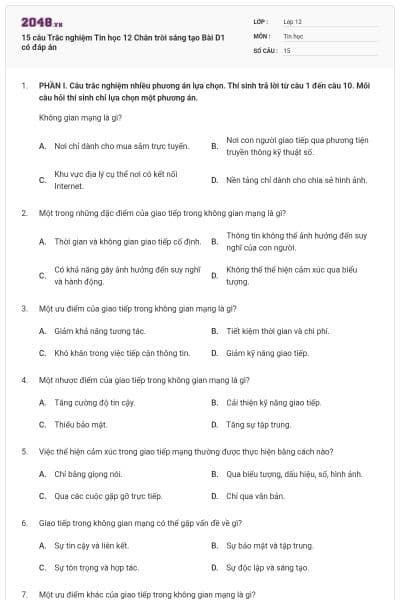 15 câu Trắc nghiệm Tin học 12 Chân trời sáng tạo Bài D1 có đáp án