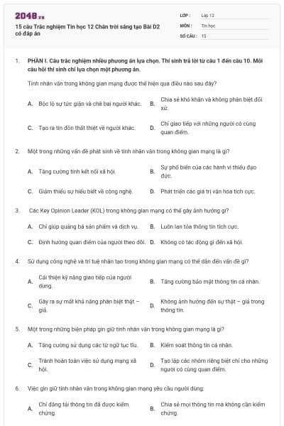 15 câu Trắc nghiệm Tin học 12 Chân trời sáng tạo Bài D2 có đáp án