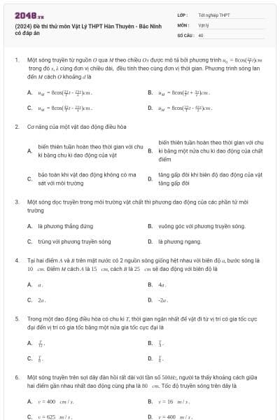 (2024) Đề thi thử môn Vật Lý THPT Hàn Thuyên - Bắc Ninh có đáp án