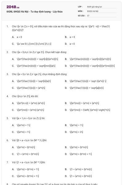 ĐGNL ĐHQG Hà Nội - Tư duy định lượng - Lũy thừa