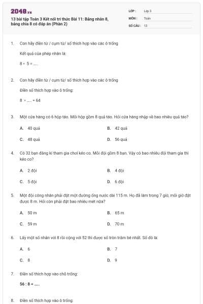 13 bài tập Toán 3 Kết nối tri thức Bài 11: Bảng nhân 8, bảng chia 8 có đáp án (Phần 2)