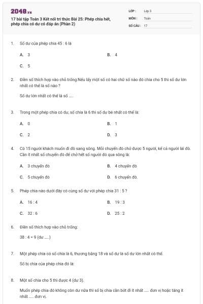 17 bài tập Toán 3 Kết nối tri thức Bài 25: Phép chia hết, phép chia có dư có đáp án (Phần 2)