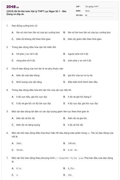 (2024) Đề thi thử môn Vật Lý THPT Lục Ngạn Số 1 - Bắc Giang có đáp án