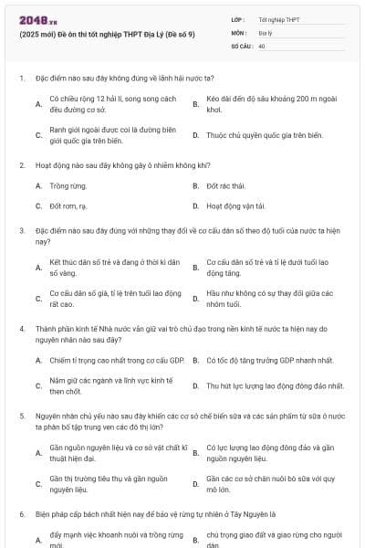 (2025 mới) Đề ôn thi tốt nghiệp THPT Địa Lý (Đề số 9)