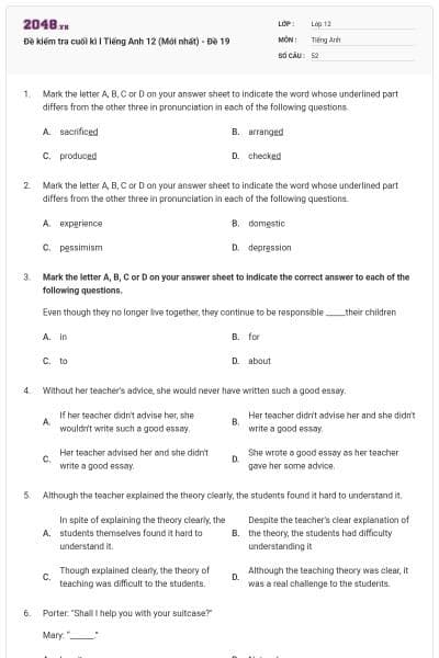 Đề kiểm tra cuối kì I Tiếng Anh 12 (Mới nhất) - Đề 19