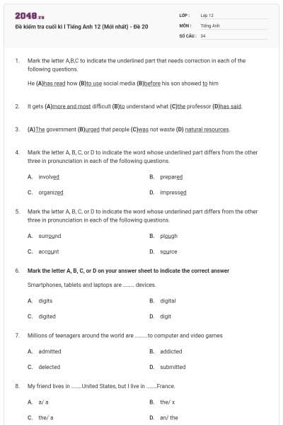 Đề kiểm tra cuối kì I Tiếng Anh 12 (Mới nhất) - Đề 20