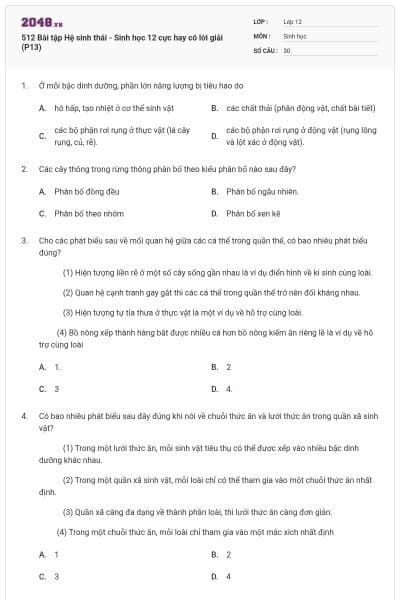 512 Bài tập Hệ sinh thái - Sinh học 12 cực hay có lời giải (P13)