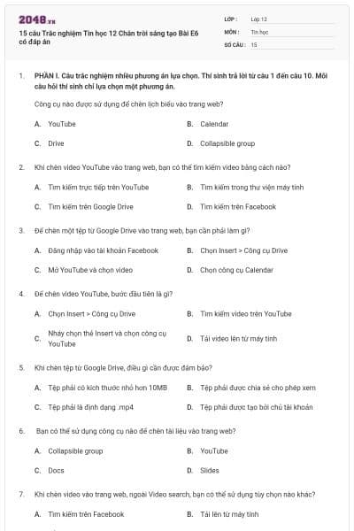 15 câu Trắc nghiệm Tin học 12 Chân trời sáng tạo Bài E6 có đáp án
