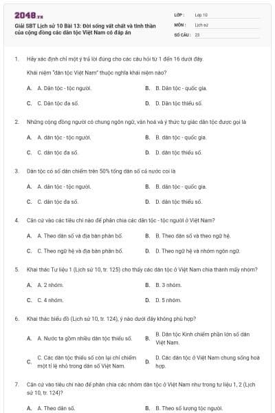 Giải SBT Lịch sử 10 Bài 13: Đời sống vất chất và tinh thần của cộng đồng các dân tộc Việt Nam có đáp án