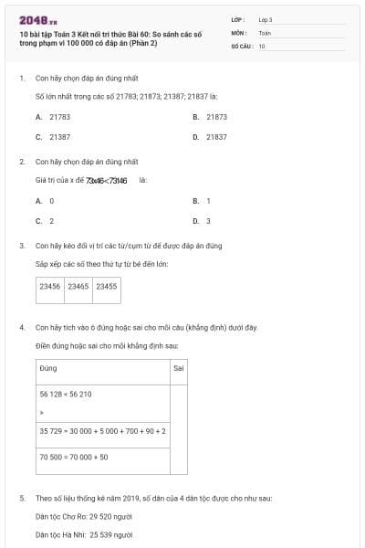 10 bài tập Toán 3 Kết nối tri thức Bài 60: So sánh các số trong phạm vi 100 000 có đáp án (Phần 2)