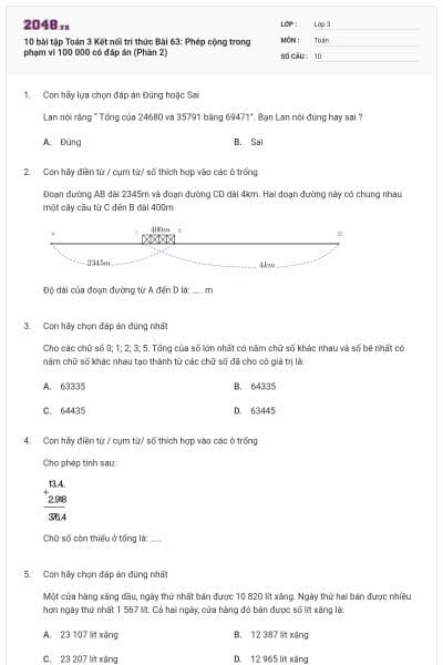 10 bài tập Toán 3 Kết nối tri thức Bài 63: Phép cộng trong phạm vi 100 000 có đáp án (Phần 2)