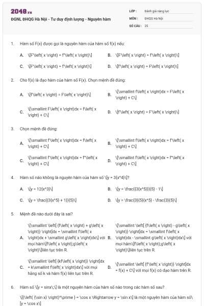 ĐGNL ĐHQG Hà Nội - Tư duy định lượng - Nguyên hàm