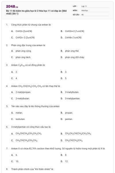 Bộ 11 Đề kiểm tra giữa học kì 2 Hóa học 11 có đáp án (Mới nhất) (Đề 1)