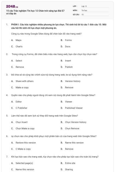 15 câu Trắc nghiệm Tin học 12 Chân trời sáng tạo Bài E7 có đáp án