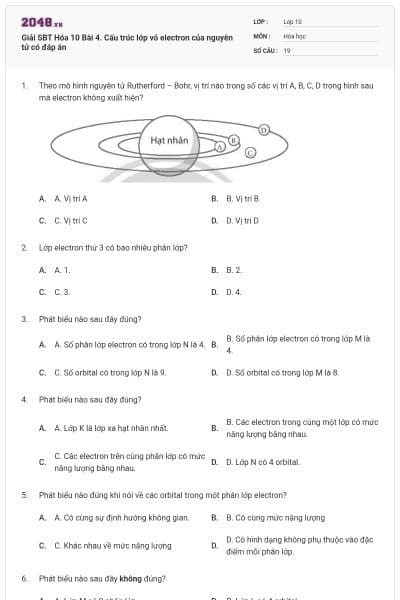 Giải SBT Hóa 10 Bài 4. Cấu trúc lớp vỏ electron của nguyên tử có đáp án