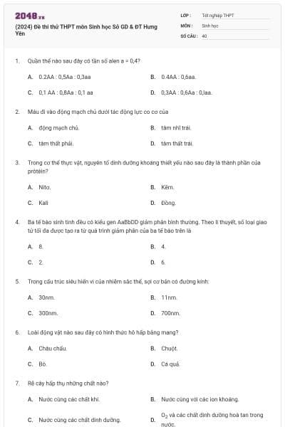 (2024) Đề thi thử THPT môn Sinh học Sở GD & ĐT Hưng Yên