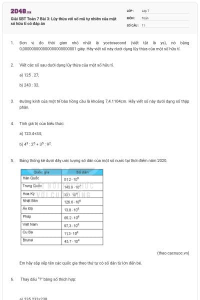 Giải SBT Toán 7 Bài 3: Lũy thừa với số mũ tự nhiên của một số hữu tỉ có đáp án