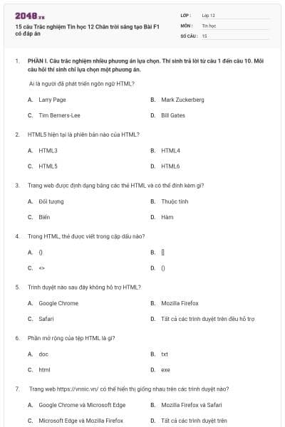 15 câu Trắc nghiệm Tin học 12 Chân trời sáng tạo Bài F1 có đáp án