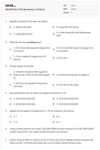 Giải SBT Hóa 10 Ôn tập chương 1 có đáp án