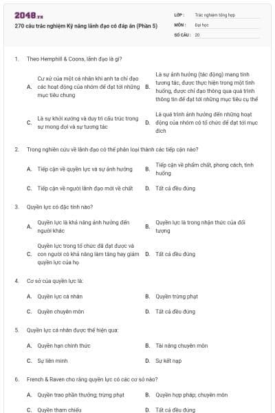 270 câu trắc nghiệm Kỹ năng lãnh đạo có đáp án (Phần 5)