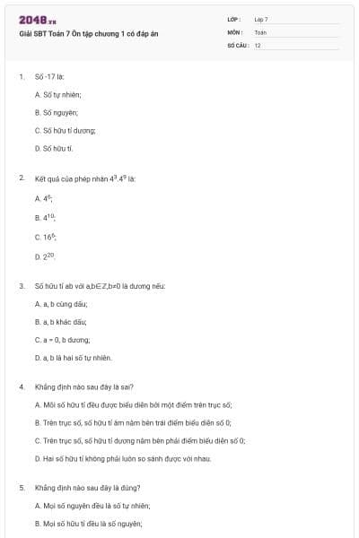 Giải SBT Toán 7 Ôn tập chương 1 có đáp án