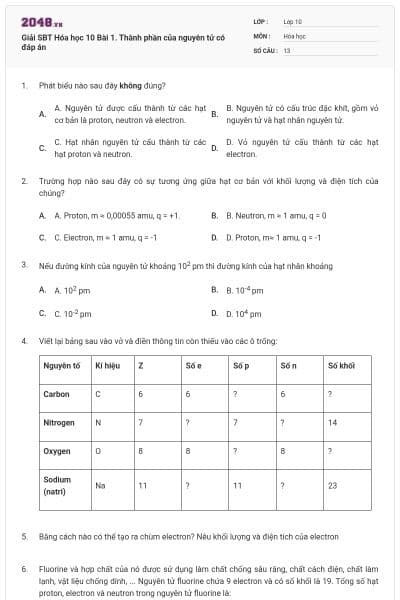 Giải SBT Hóa học 10 Bài 1. Thành phần của nguyên tử có đáp án