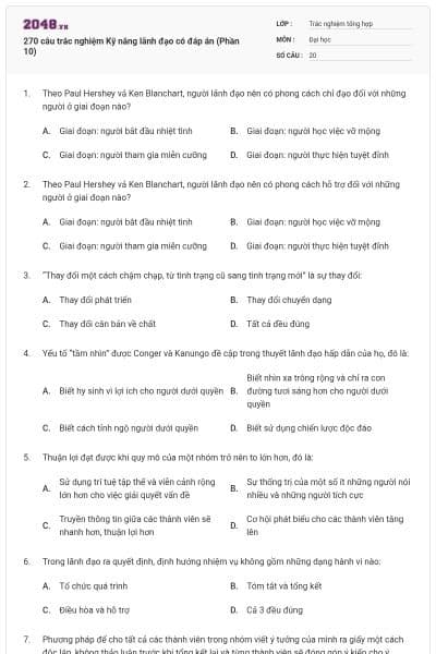 270 câu trắc nghiệm Kỹ năng lãnh đạo có đáp án (Phần 10)