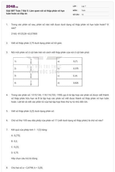 Giải SBT Toán 7 Bài 5: Làm quen với số thập phân vô hạn tuần hoàn có đáp án