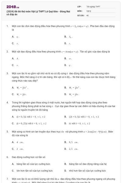 (2024) Đề thi thử môn Vật Lý THPT Lê Quý Đôn - Đồng Nai có đáp án