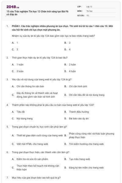 15 câu Trắc nghiệm Tin học 12 Chân trời sáng tạo Bài F6 có đáp án